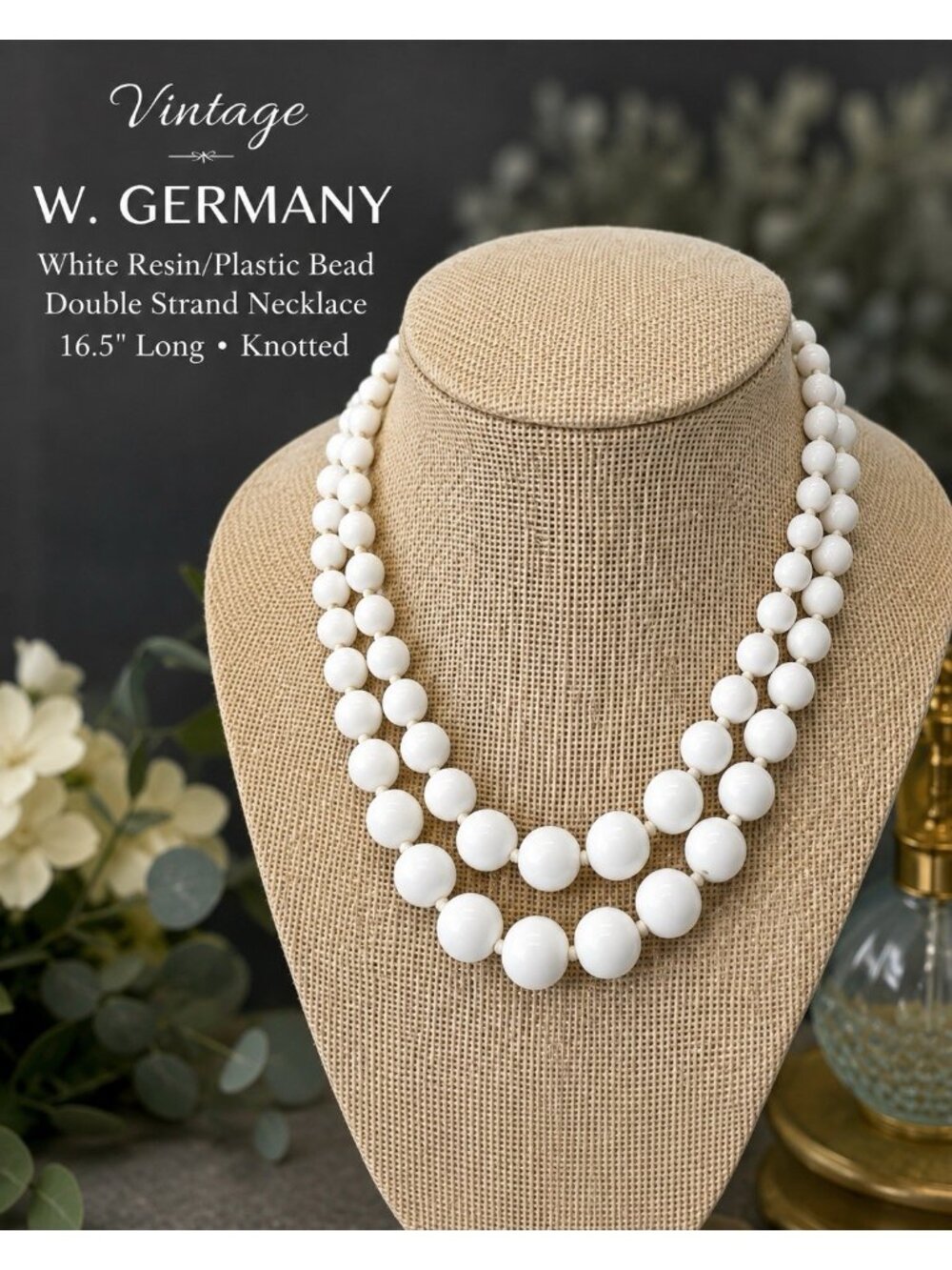 Vintage W. Germany White Resin Plastic Bead Double Strand Necklace 16.5” Hook